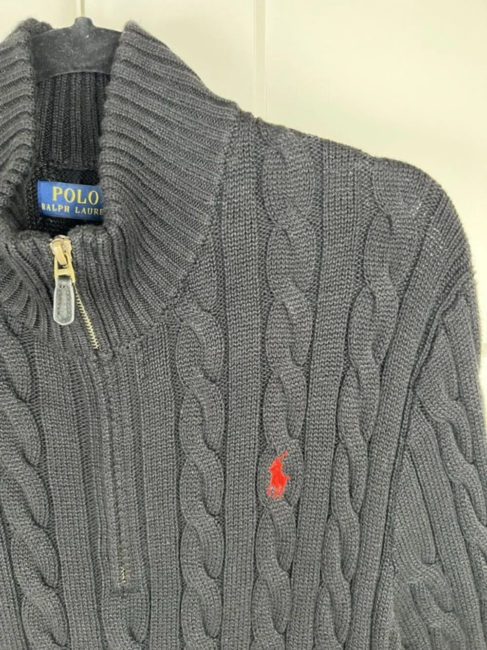 Polo Ralph Lauren Cable Knit Quarter Zip Sweater XL Black Cotton Red Pony Mock